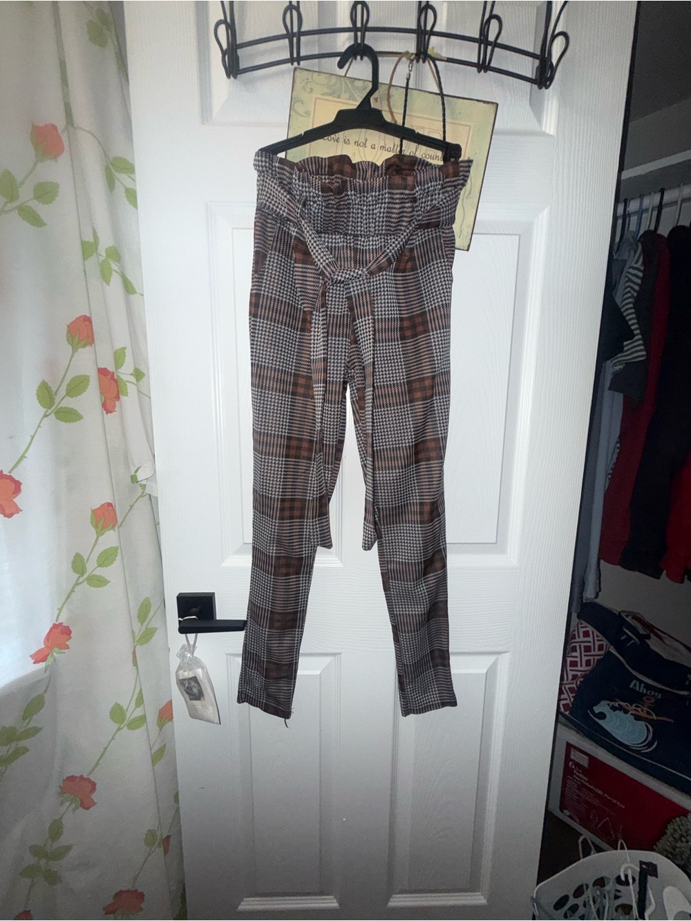 shosho Brown Plaid Paperbag Waist Straight-Leg Pants with Tie